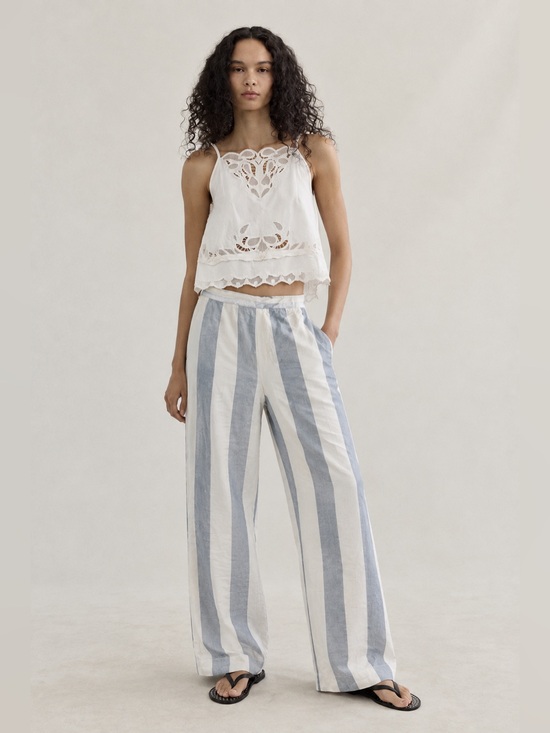 Melanie Lyne Pants - Melanie Lynne Striped Wide-Leg Linen Pants in Blue and White Size M/L